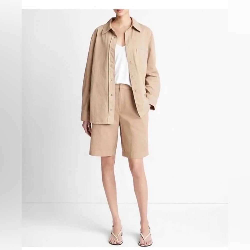 NWT VINCE Cotton Twill Snap-Front Overshirt Cocoon Tan Sz small NEW